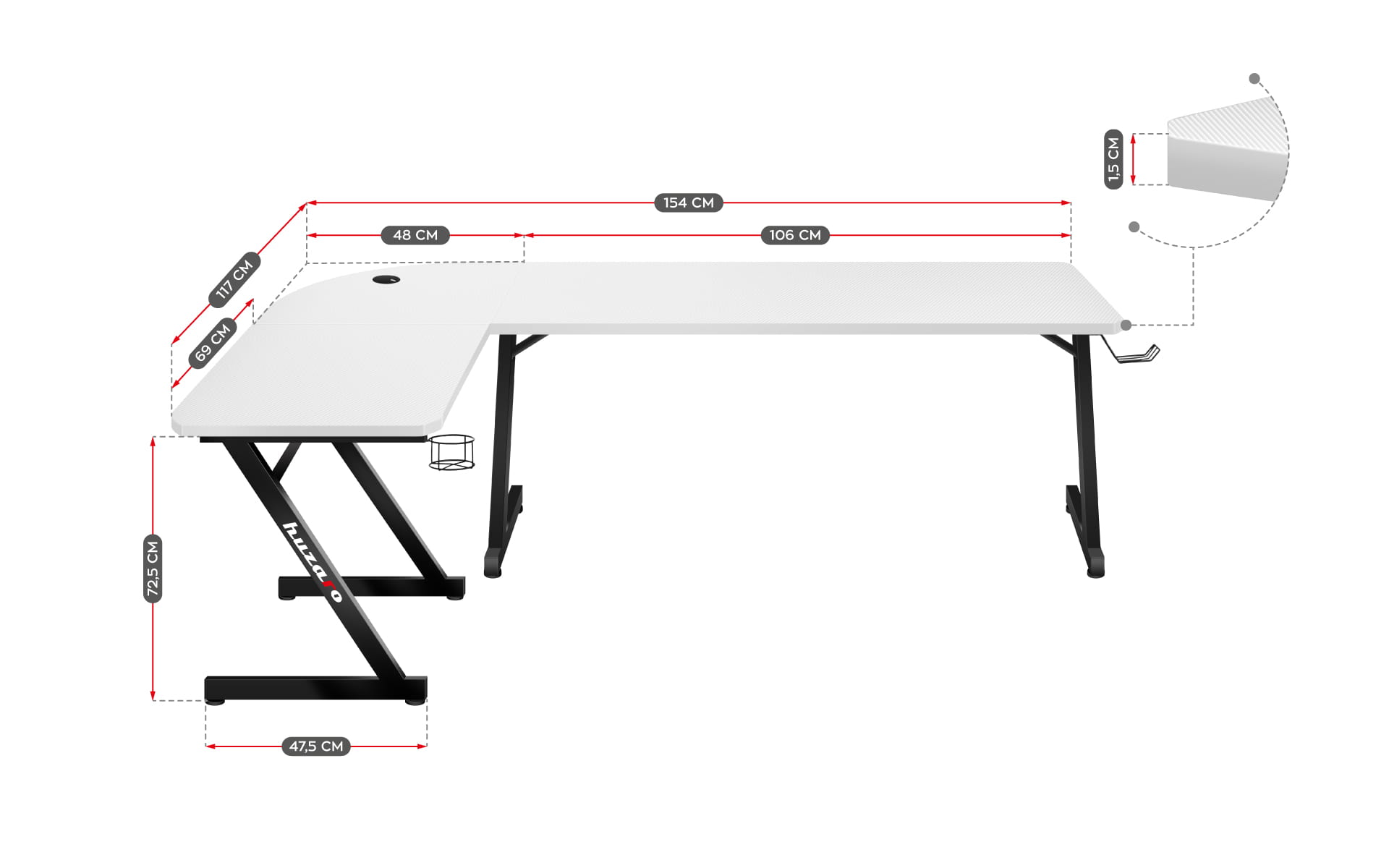Biurko Gamingowe Huzaro Hero 7.0 White 154 cm OUTLET