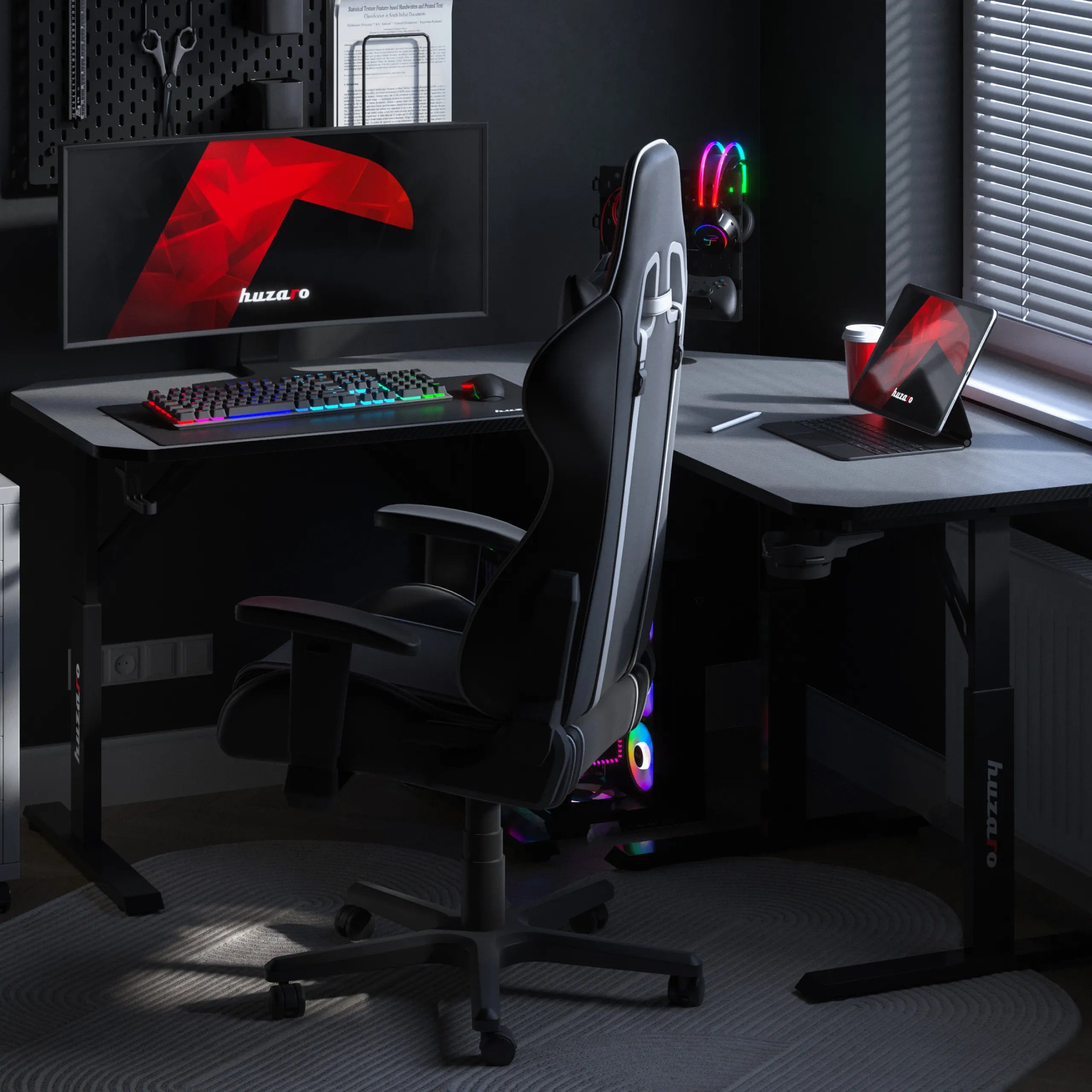 Biurko gamingowe narożne z regulacją wysokości Huzaro Hero 7.3 Black OUTLET