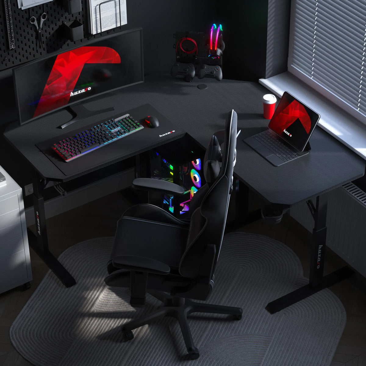 Biurko gamingowe narożne z regulacją wysokości Huzaro Hero 7.3 Black OUTLET
