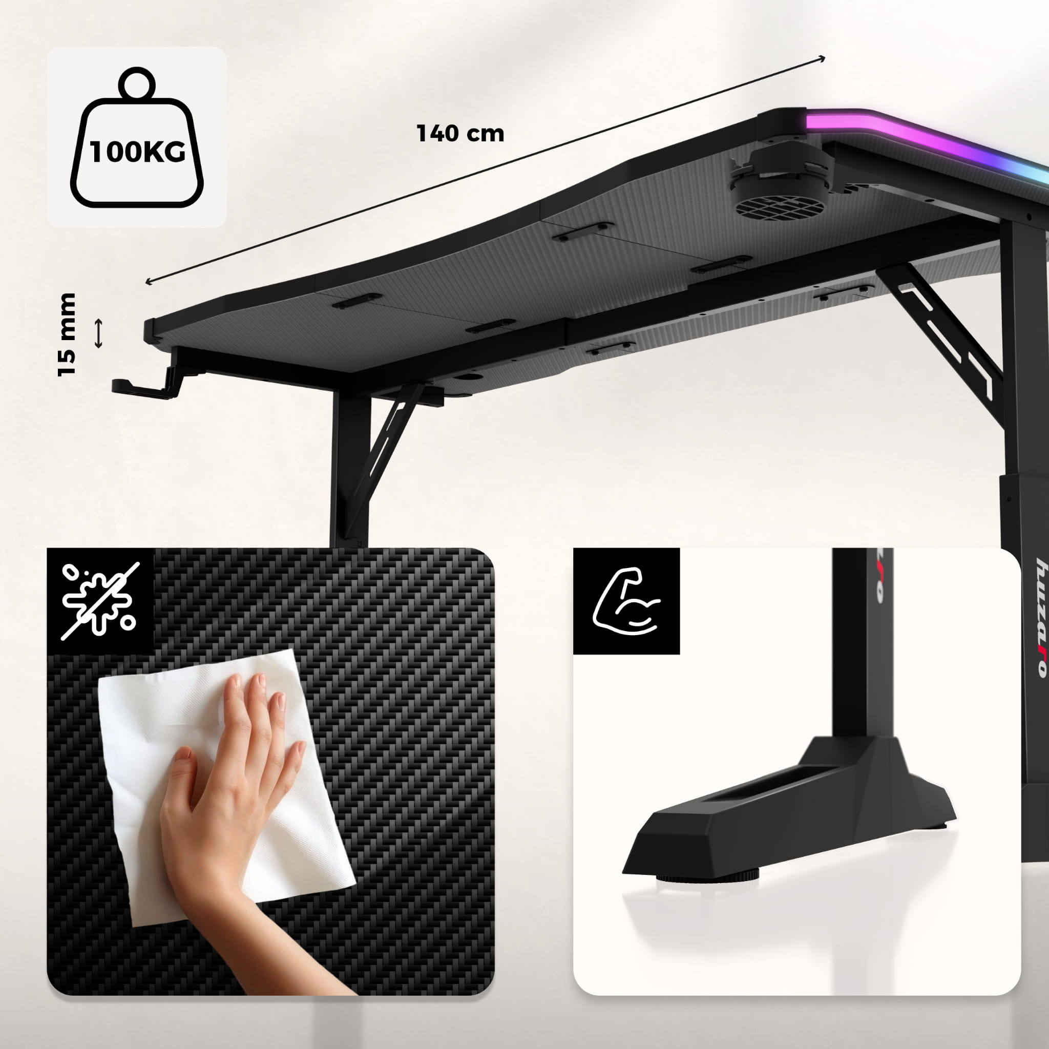 Biurko gamingowe Huzaro Hero 3.6 RGB LED Black 140 cm