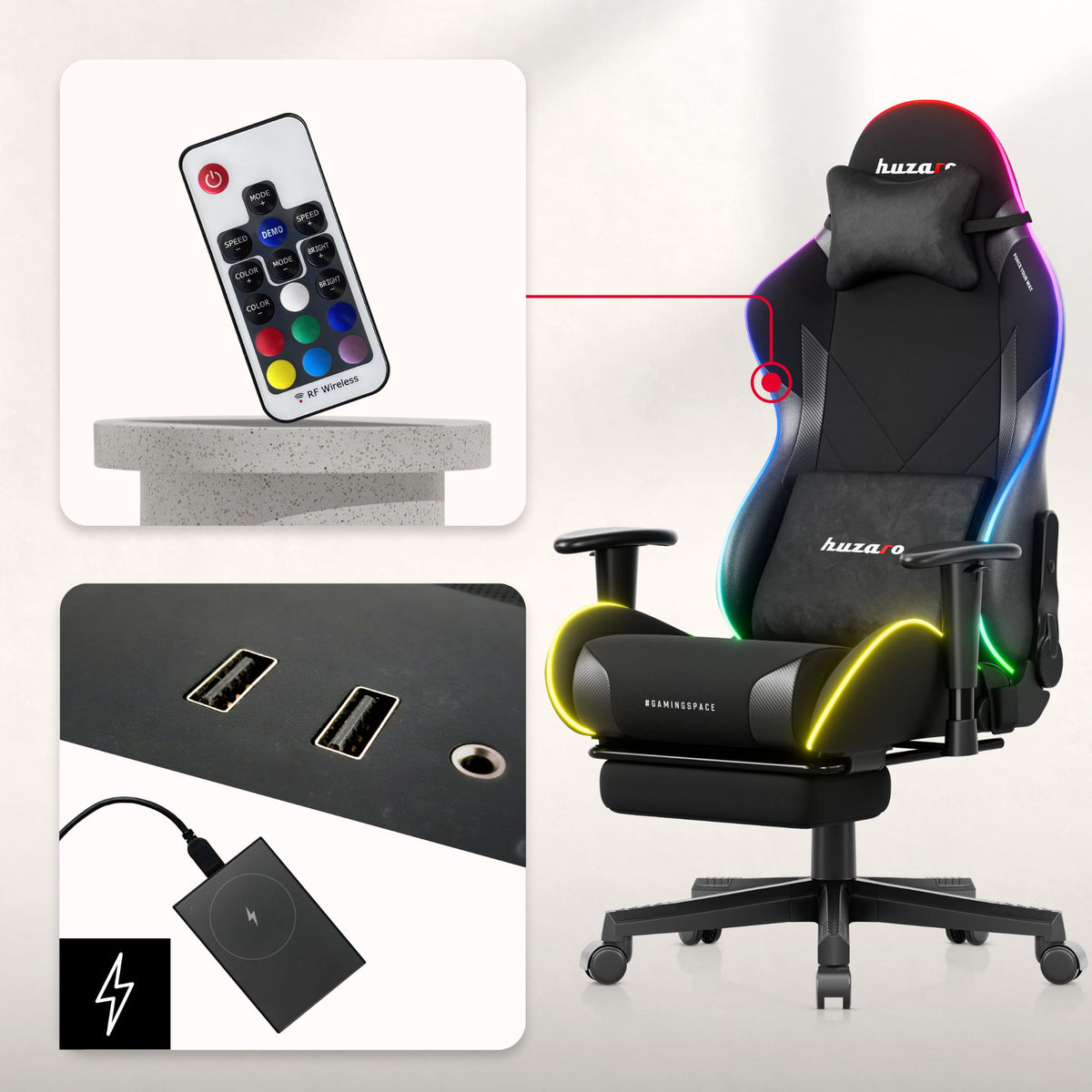 Fotel gamingowy LED Huzaro Force 5.7 Black RGB OUTLET