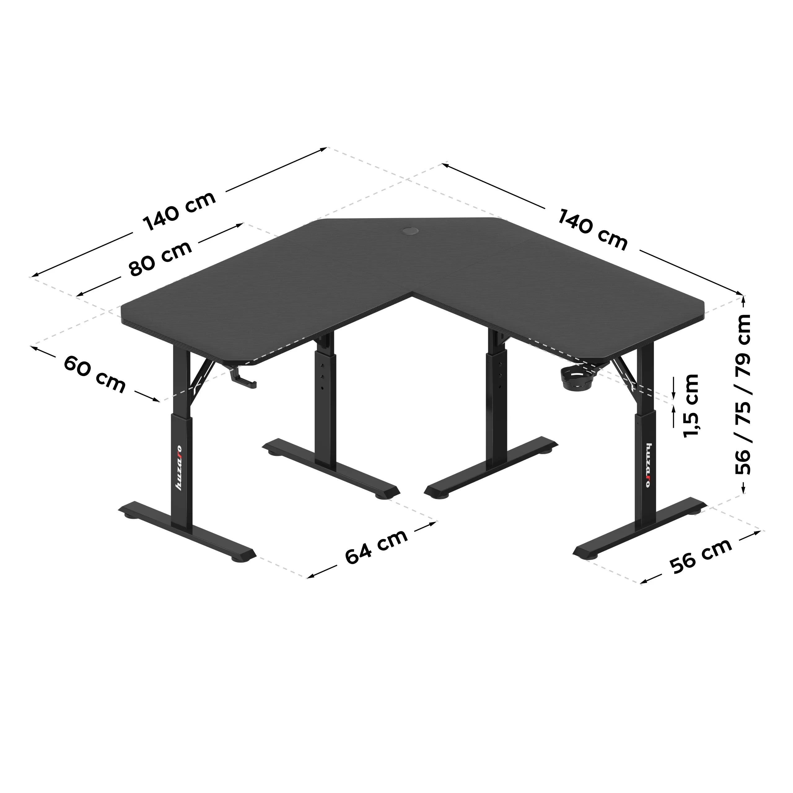 Biurko gamingowe narożne z regulacją wysokości Huzaro Hero 7.3 Black