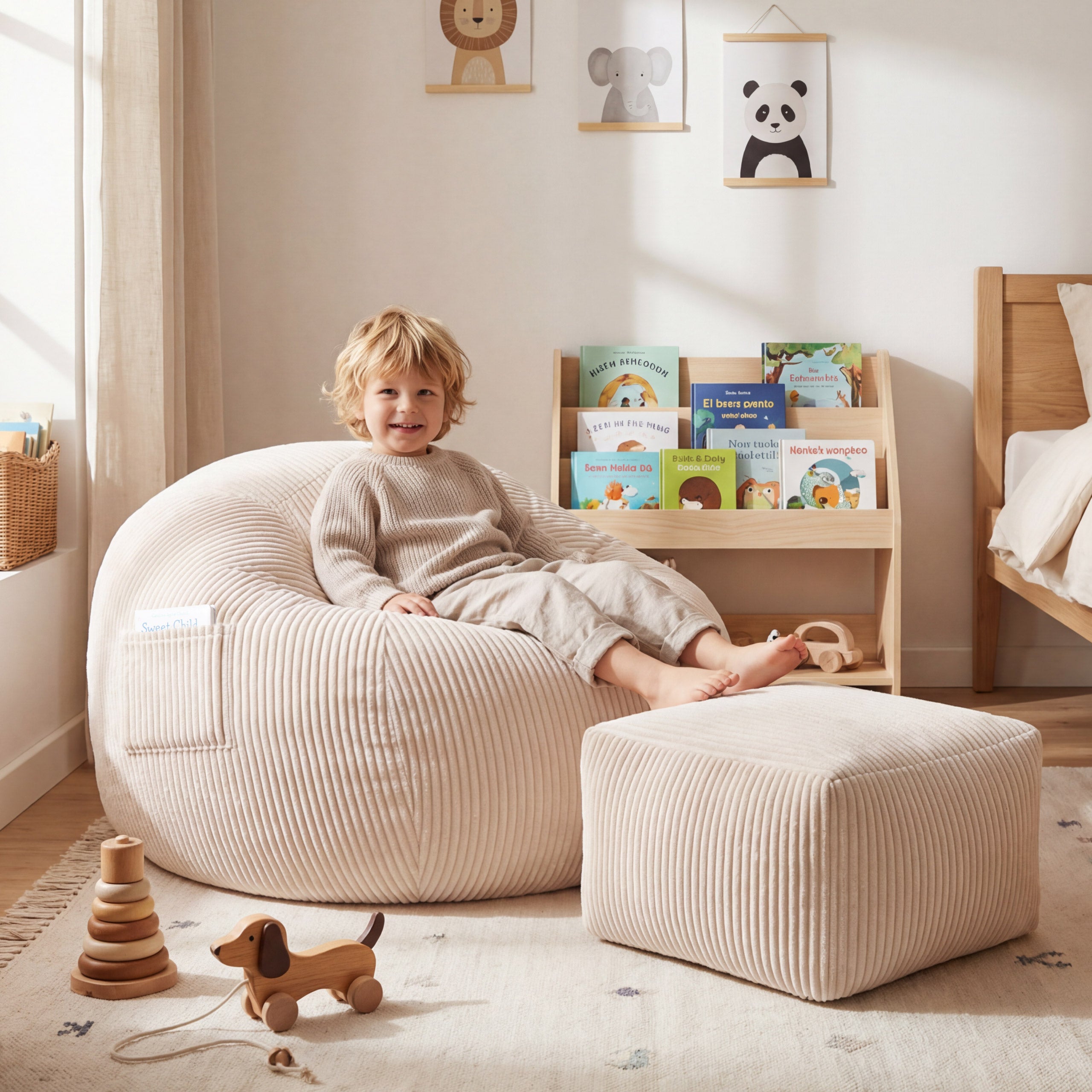 Fotel pufa sztruksowa z podnóżkiem Mark Adler Comfy 3.0 Beige