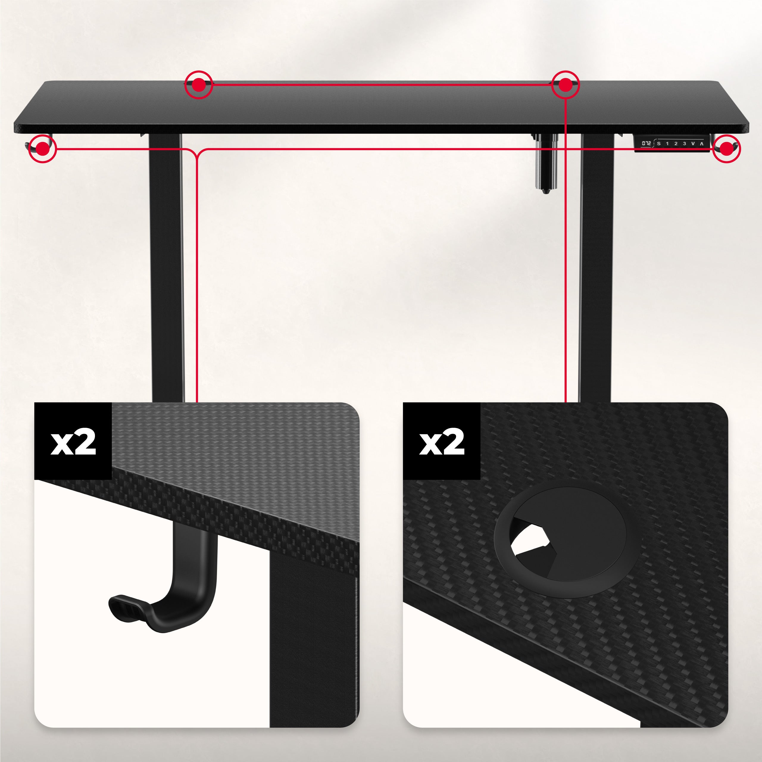 2 x wloty na przewody oraz uchwyty na słuchawki, plecak i torbę