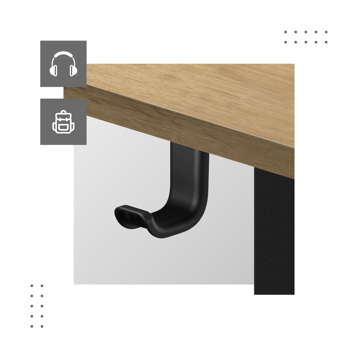 Praktyczne uchwyty na torbę, plecak i słuchawki